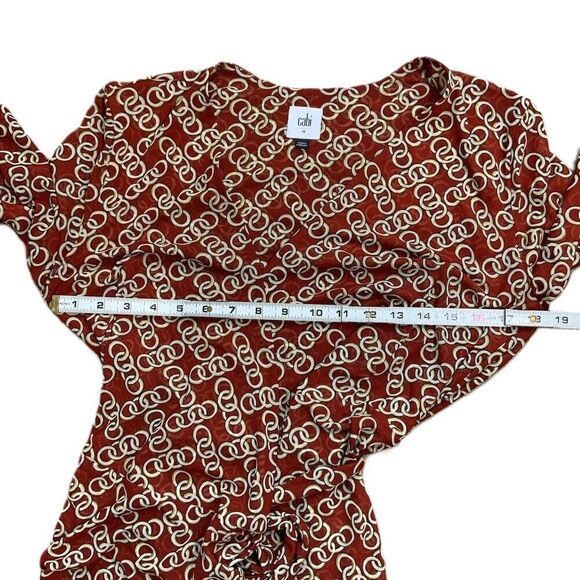 CAbi Red Geometric Long Sleeve Wrap Top Sz M Coach Cowgirl Chain Design Academia - Picture 7 of 15